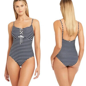 Sea Level Charmarel Lace Up Stripe Black One Piece Swimsuit Size 8 NWT